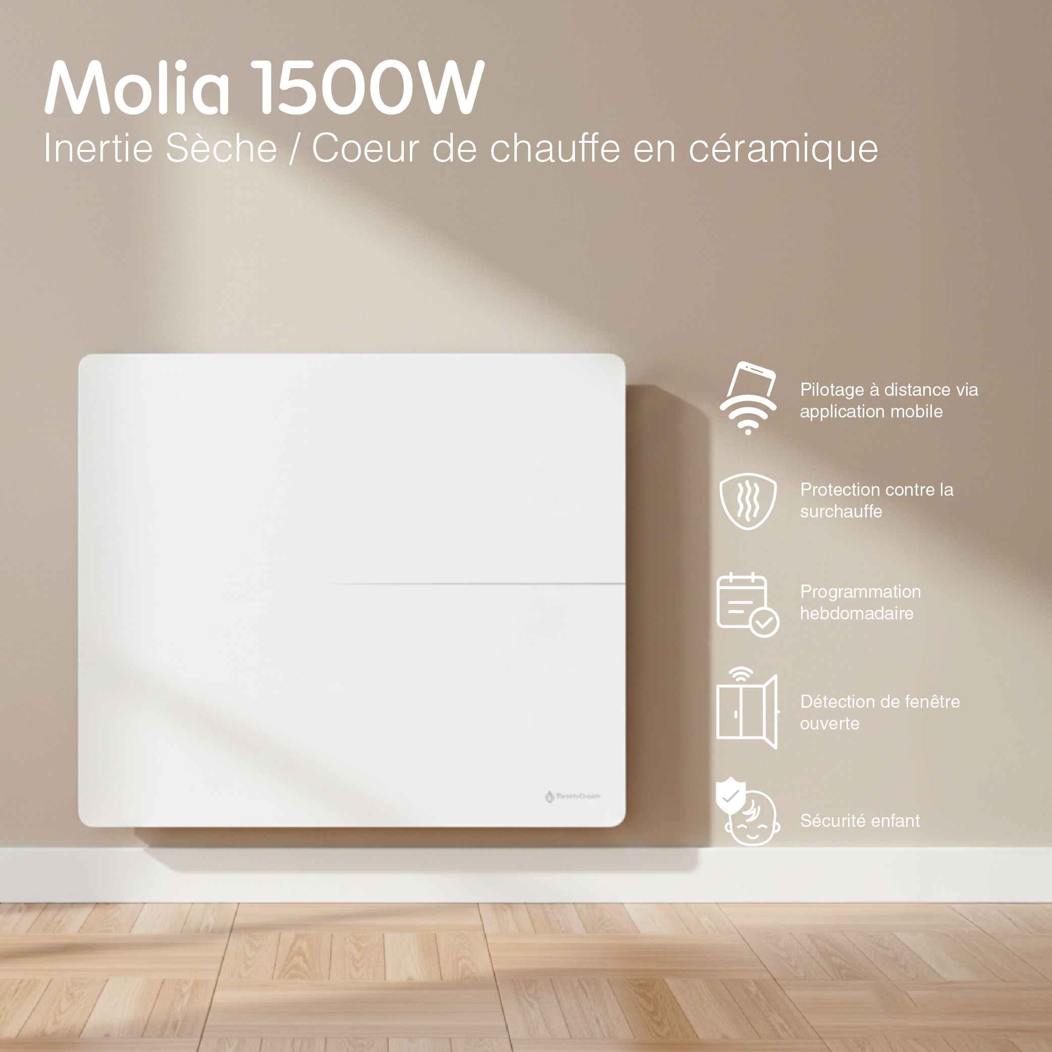 Radiateur électrique connecté 1500W double système de chauffe horizontal Blanc Molia - Thermoceram FR