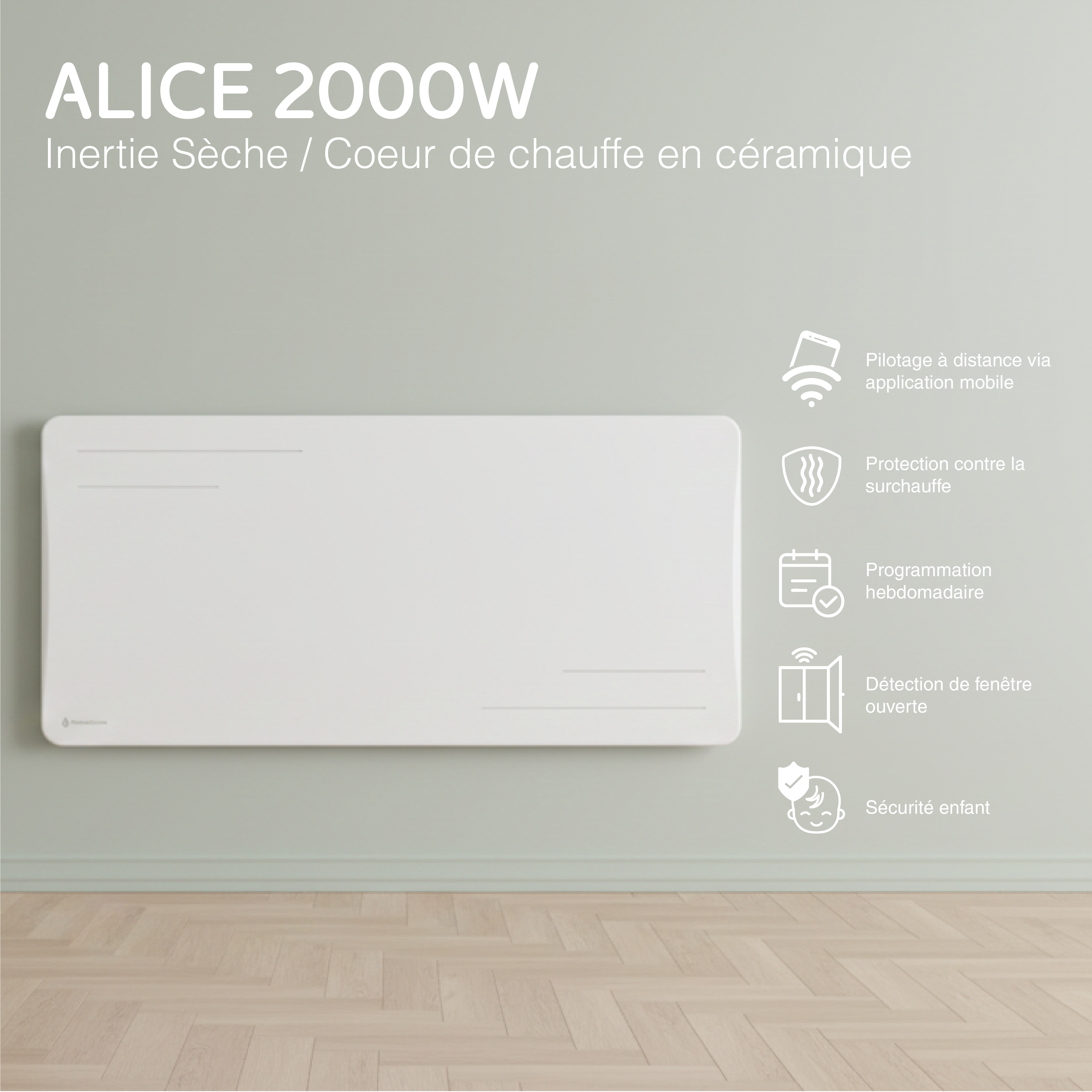 Radiador elétrico conectado de 2000 W com inércia seca cerâmica, horizontal, Branco Alice