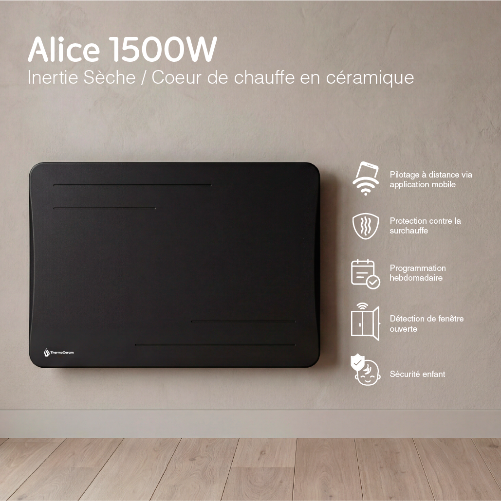 Radiador elétrico conectado de 1500 W com inércia seca cerâmica, horizontal, preto, Alice