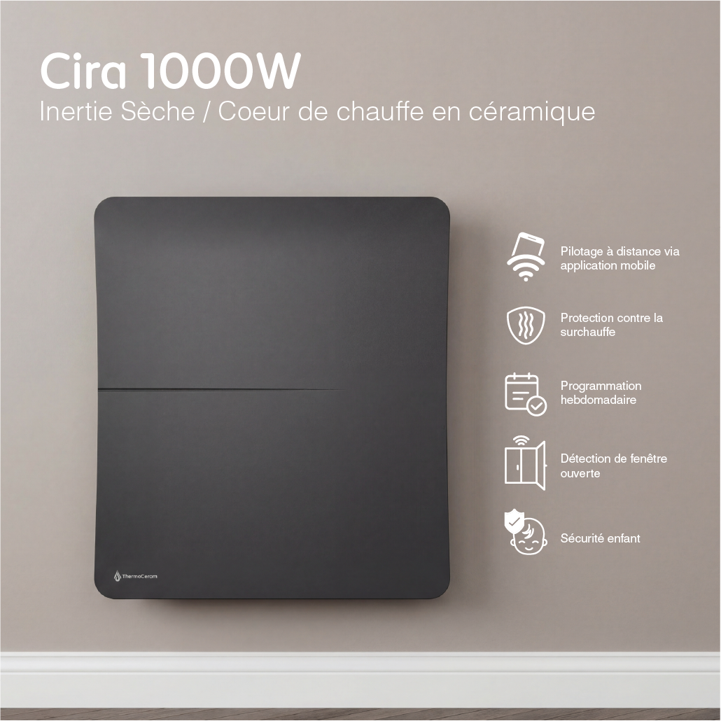 Radiador elétrico conectado de 1000 W com sistema duplo de aquecimento horizontal, preto, Cira
