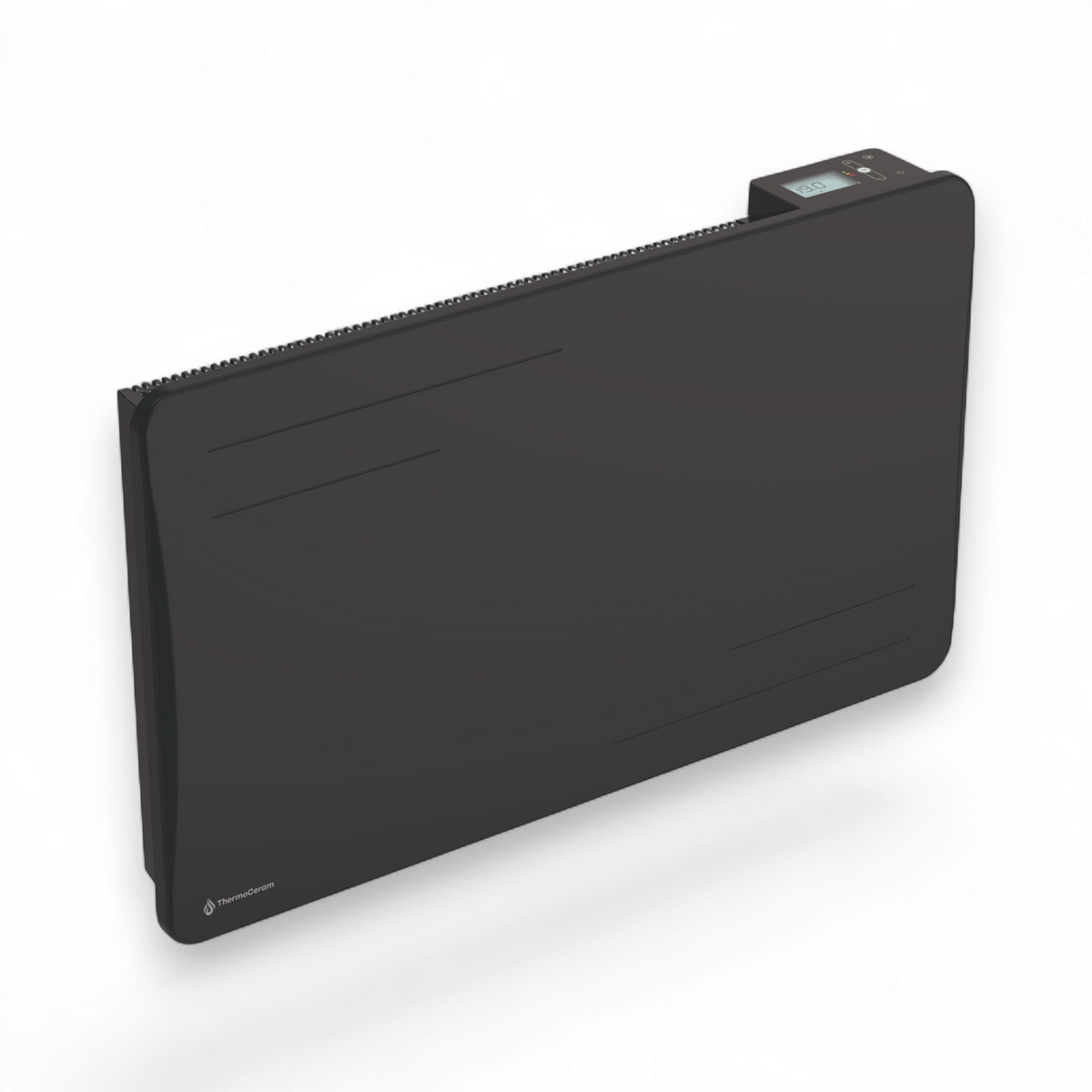 Radiador Alice de 1500 W preto, visto de três quartos sobre fundo branco, com o seu ecrã digital