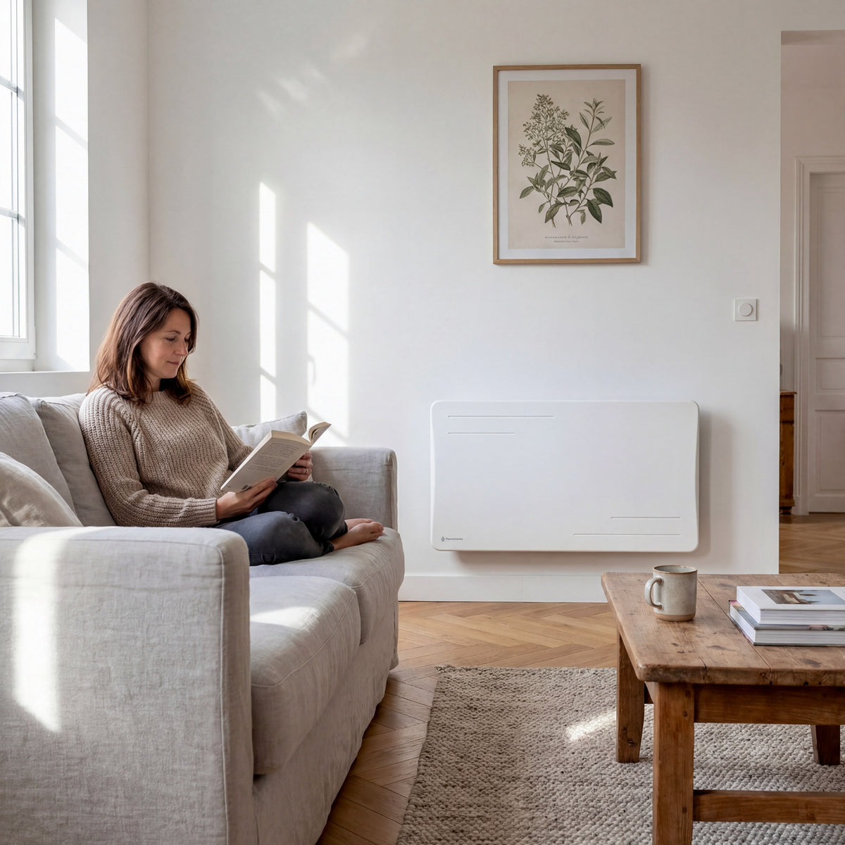 Radiador Alice de 1500 W branco fixado à parede de uma sala, junto de um sofá