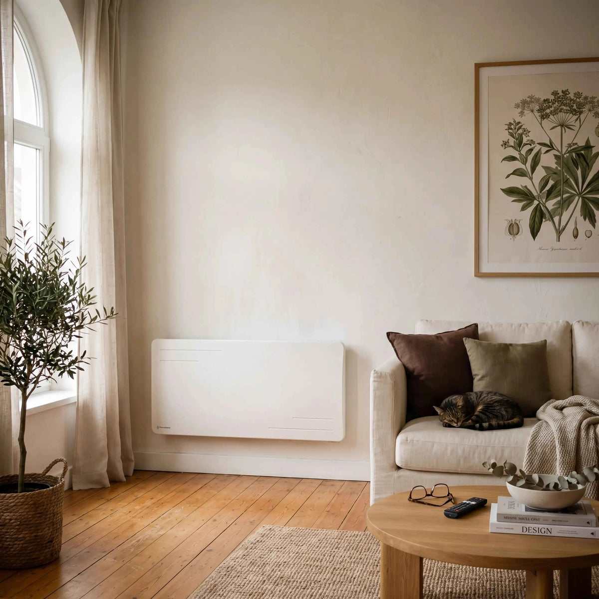 Radiador Alice de 2000 W branco fixado à parede de uma sala, perto de uma janela e de um sofá branco