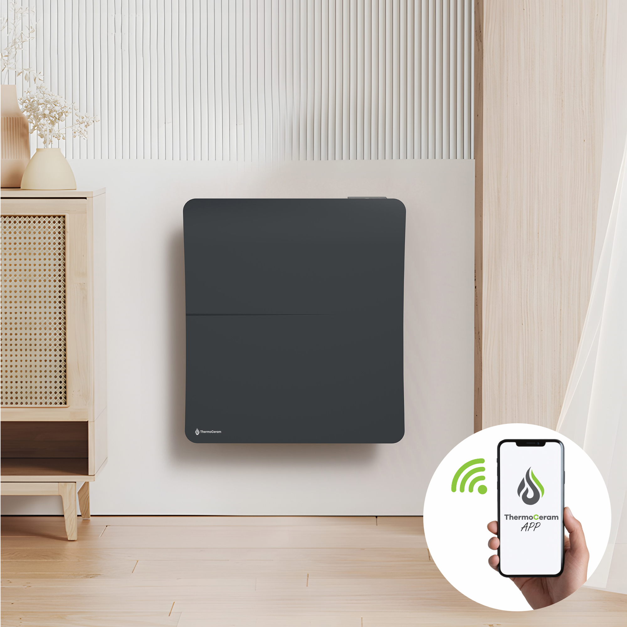 Radiador elétrico conectado de 1000 W com sistema duplo de aquecimento horizontal, preto, Cira