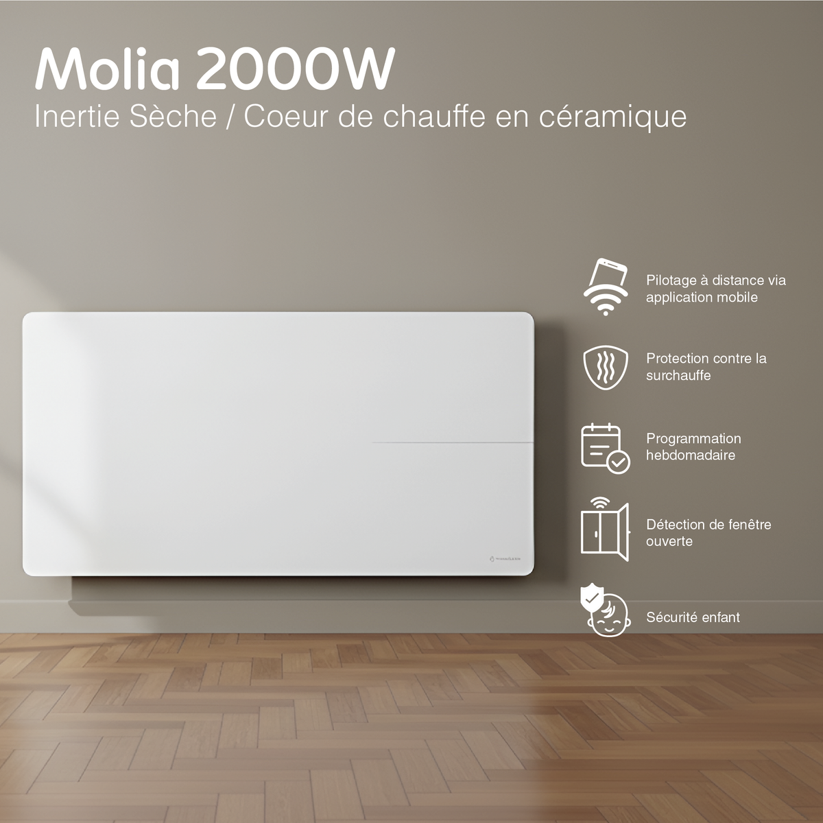 Aquecedor elétrico conectado 2000W duplo sistema de aquecimento horizontal Branco Molia - Thermoceram FR