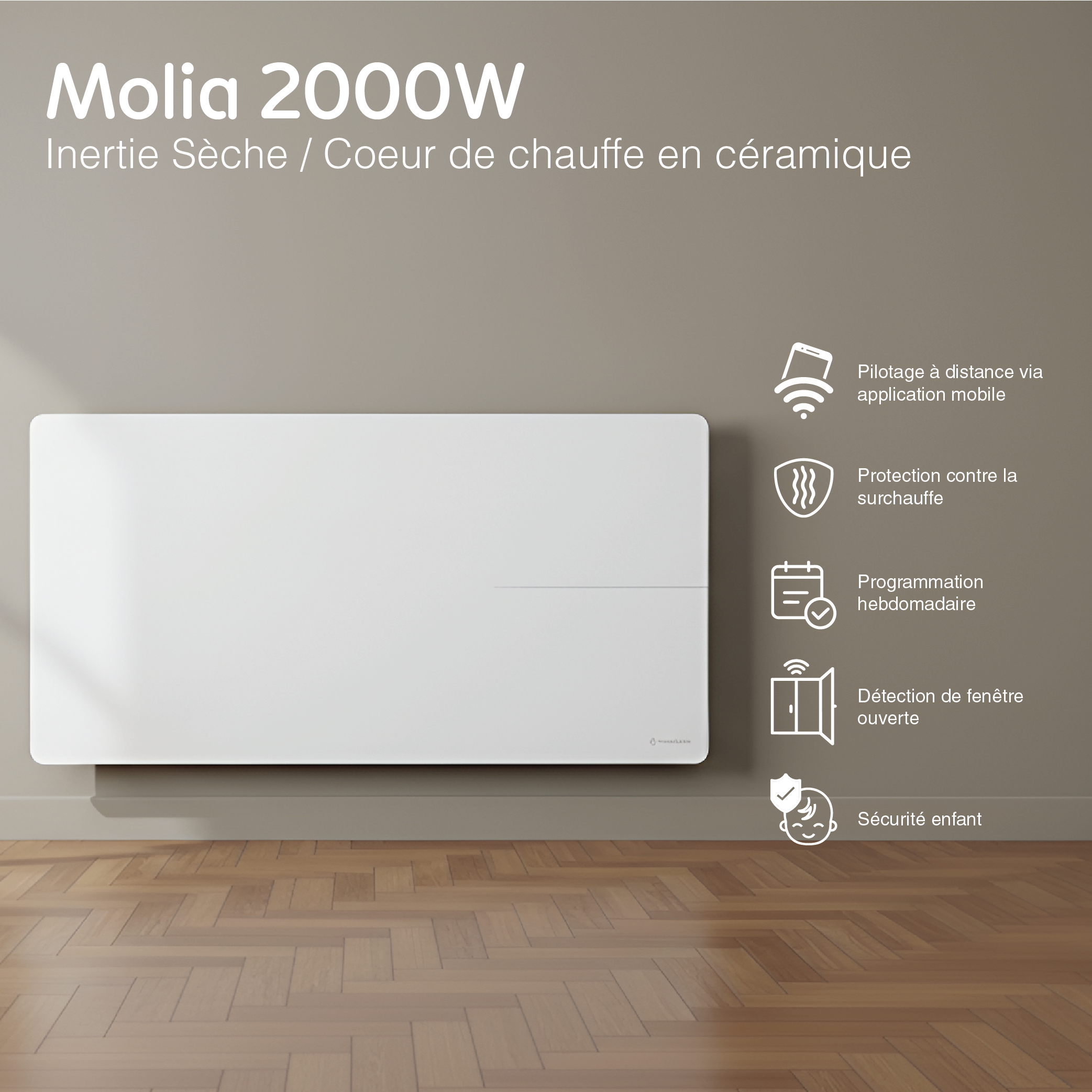 Radiador elétrico conectado de 2000 W com sistema duplo de aquecimento horizontal, branco, Molia