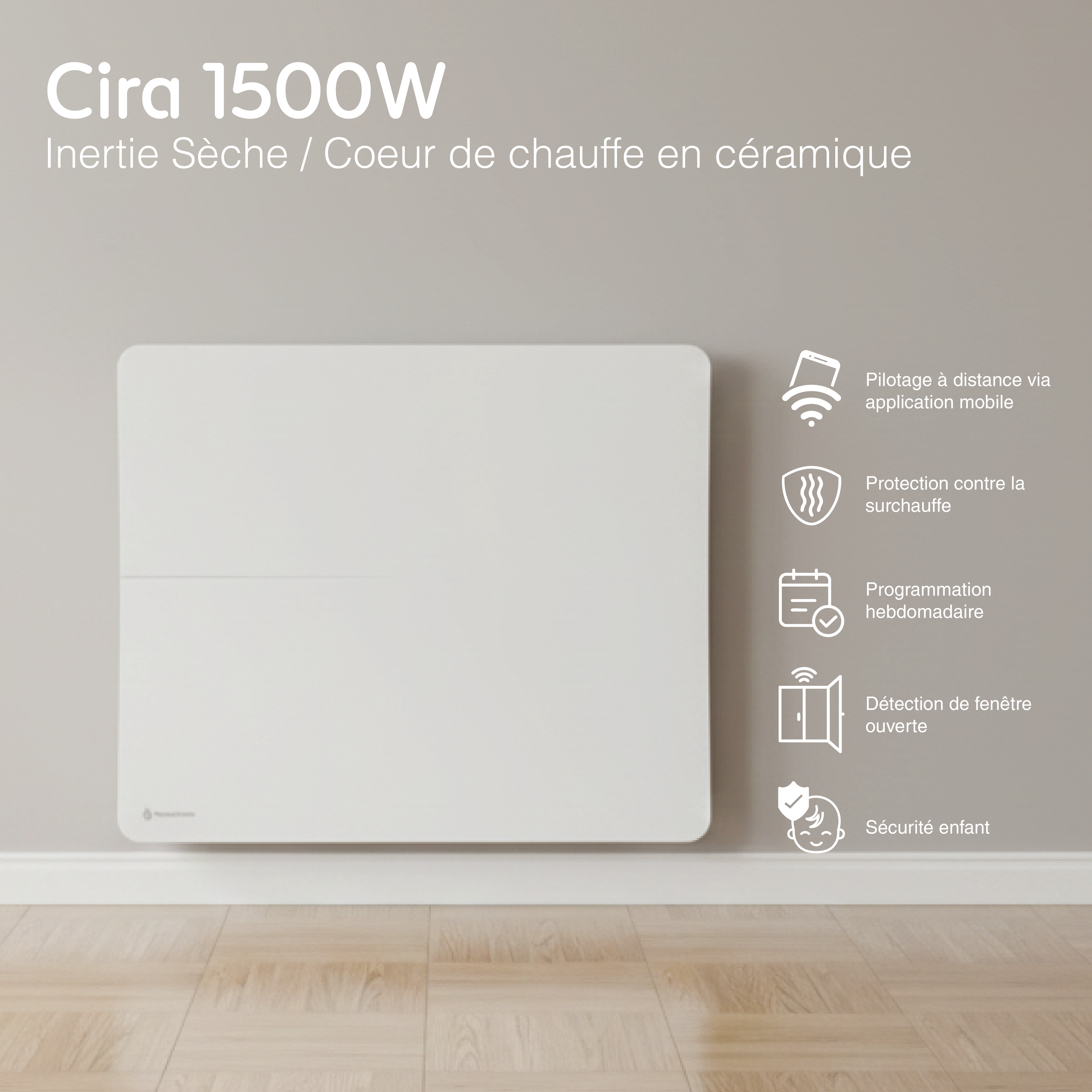 Radiador elétrico conectado de 1500 W com sistema duplo de aquecimento horizontal, branco Cira