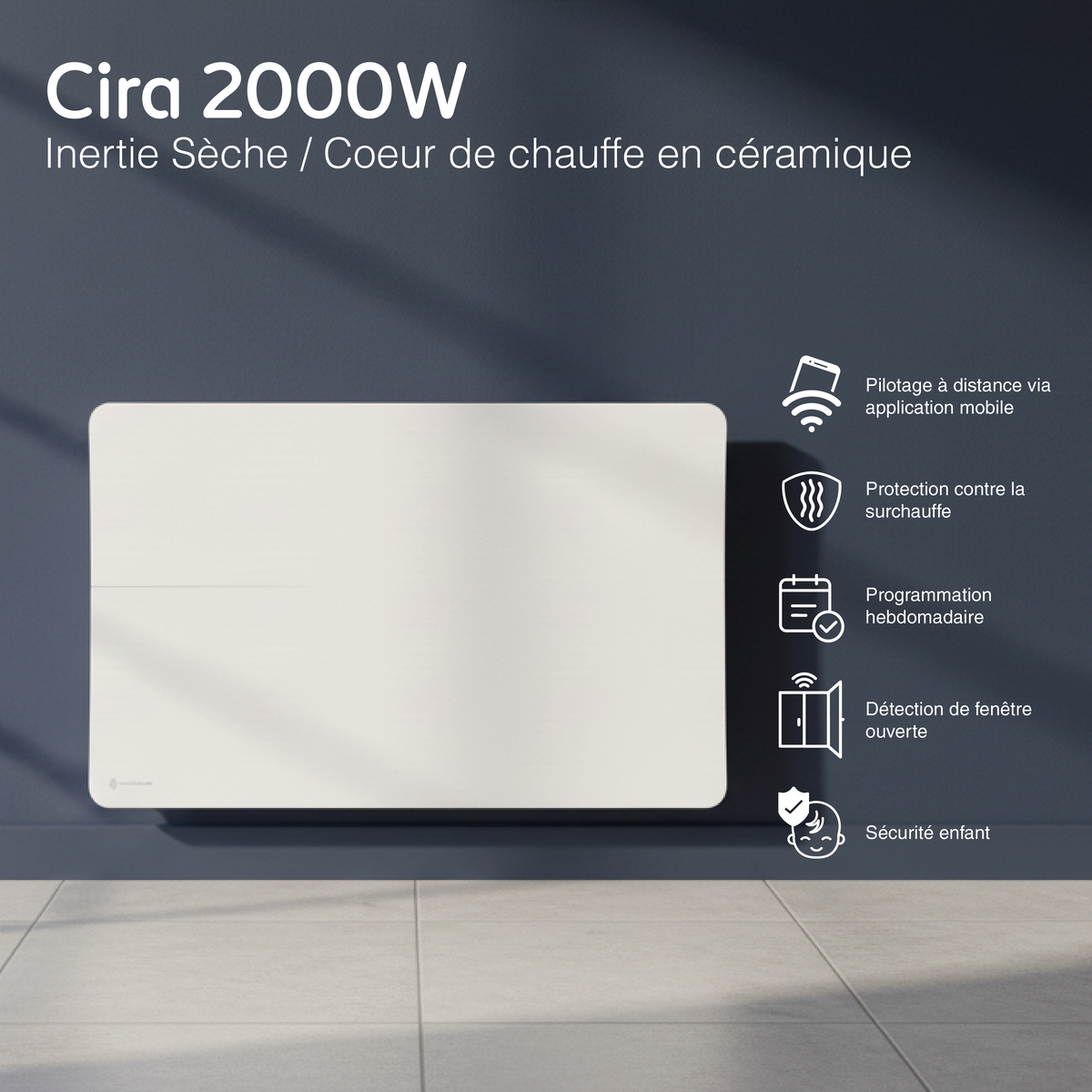 Aquecedor elétrico conectado 2000W duplo sistema de aquecimento horizontal Branco Cira