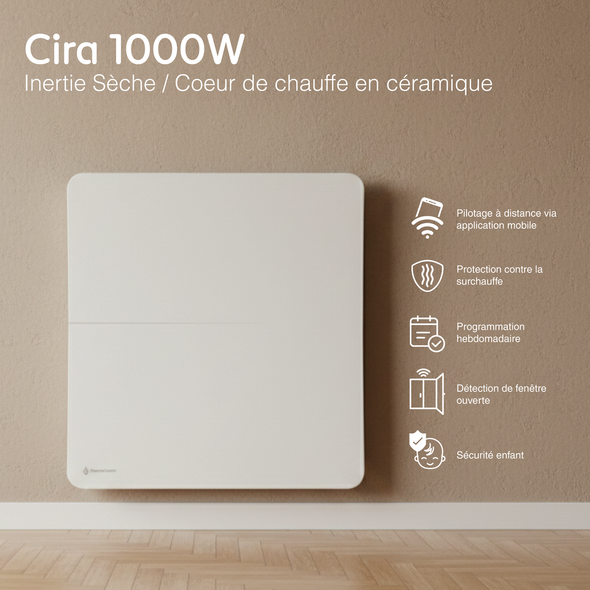 Radiador Cira de 1000 W branco, visto de frente: controlo à distância, programação, deteção de janela aberta e bloqueio para crianças