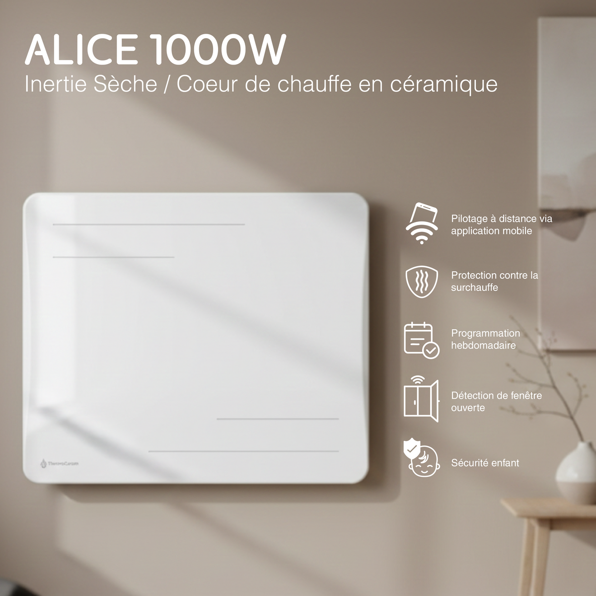 Radiador Alice de 1000 W branco, visto de frente: controlo à distância, programação, deteção de janela aberta e bloqueio para crianças