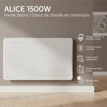 Radiador Alice de 1500 W branco, visto de frente: controlo à distância, programação, deteção de janela aberta e bloqueio para crianças
