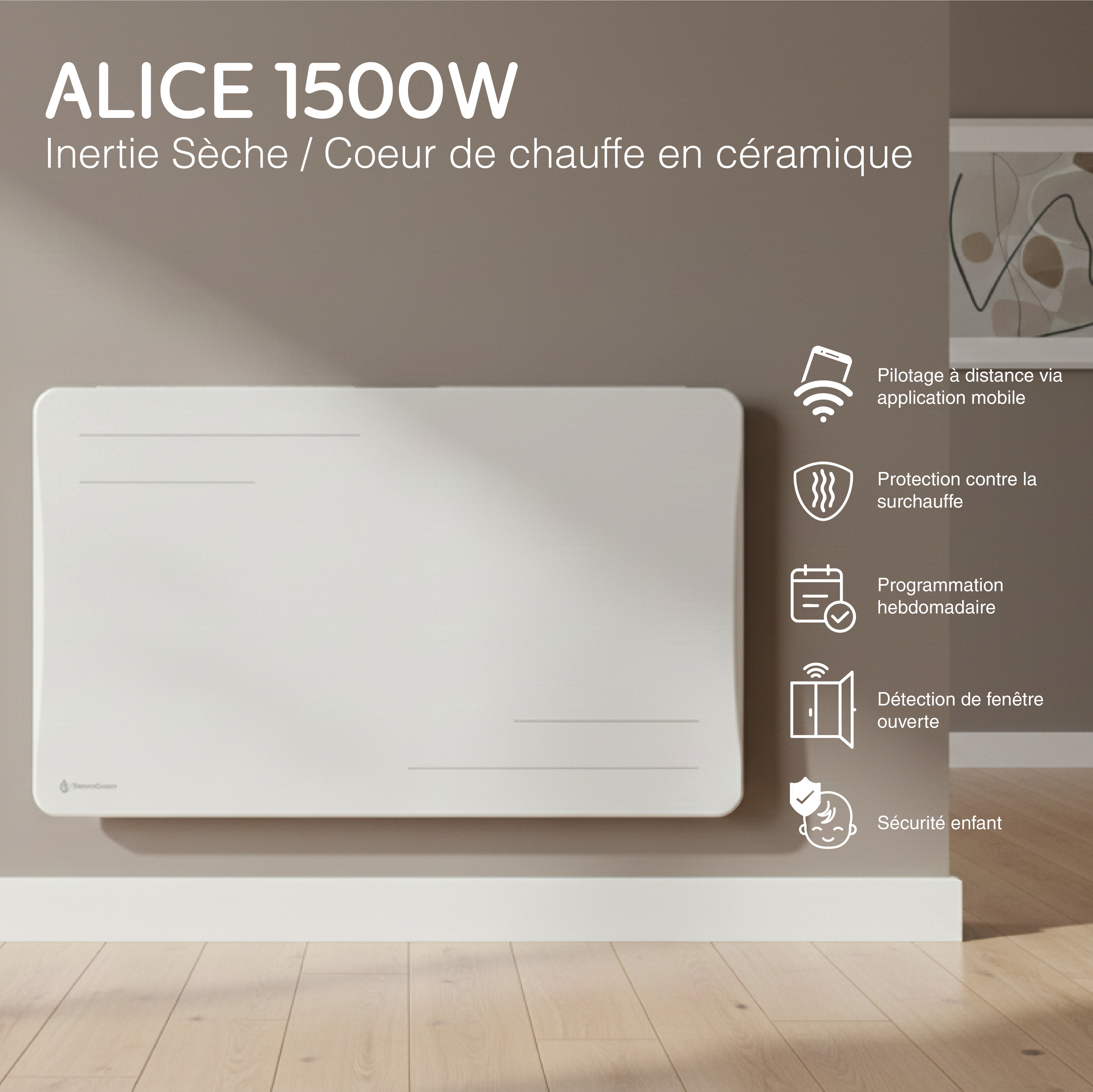 Radiador elétrico conectado de 1500 W com inércia cerâmica seca, horizontal, Branco Alice