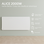 Radiador Alice de 2000 W branco, visto de frente: controlo à distância, programação, deteção de janela aberta e bloqueio para crianças