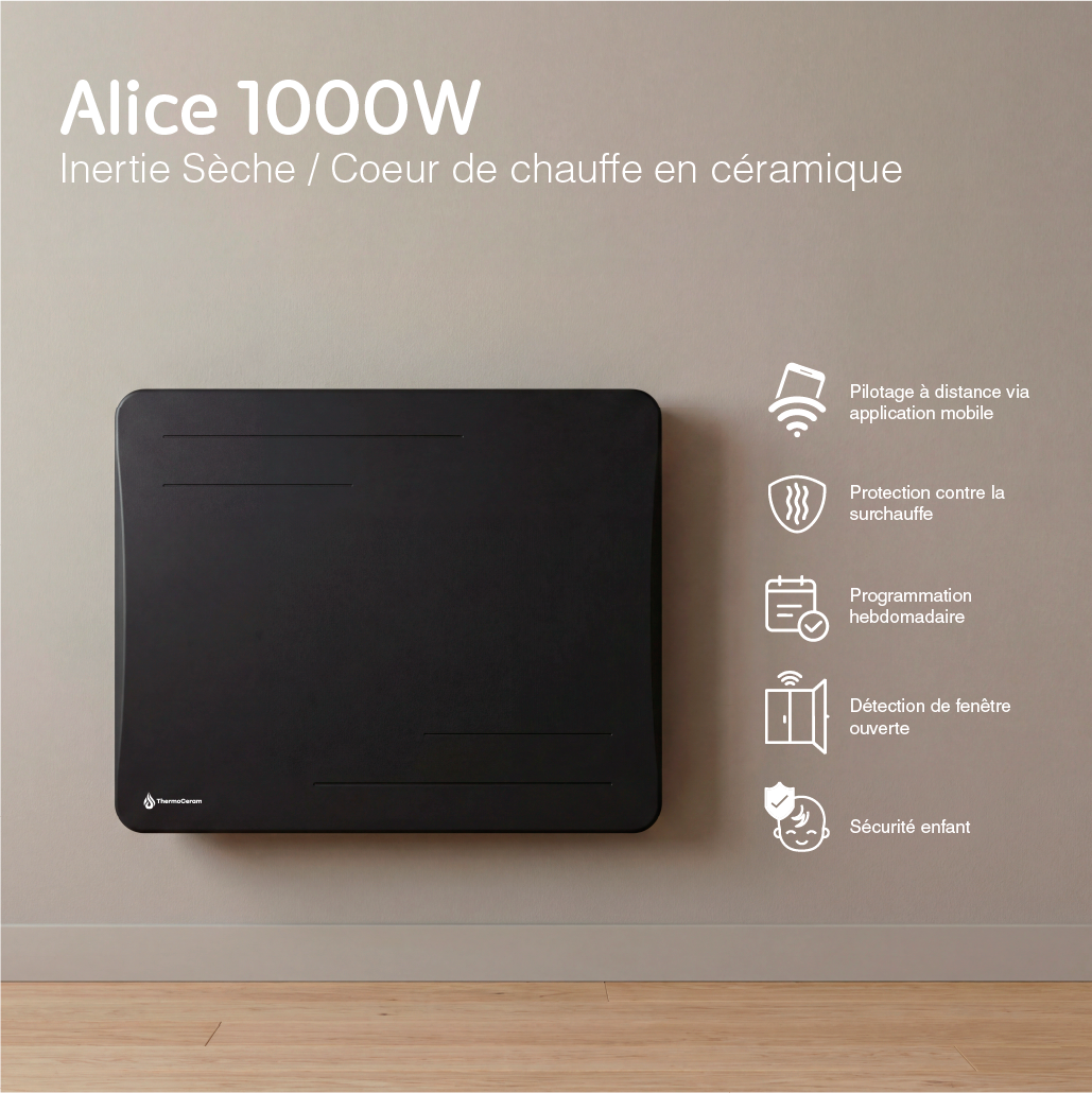Radiador elétrico conectado de 1000 W com inércia seca cerâmica, horizontal, preto, Alice