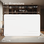 Dimensões do radiador Alice de 1500 W branco: 750 × 450 × 120 mm, 11 kg, para uma divisão até 18 m²