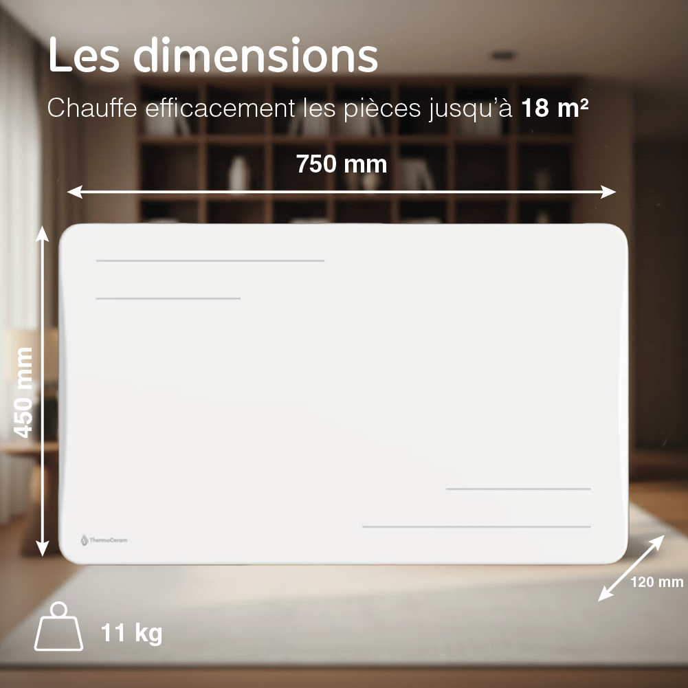 Dimensões do radiador Alice de 1500 W branco: 750 × 450 × 120 mm, 11 kg, para uma divisão até 18 m²