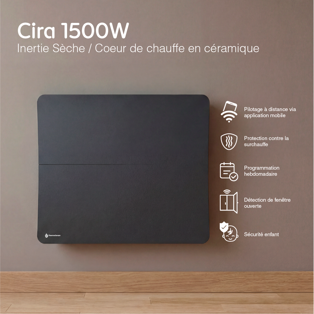 Radiateur électrique connecté 1500W double système de chauffe horizontal Noir Cira - Thermoceram FR