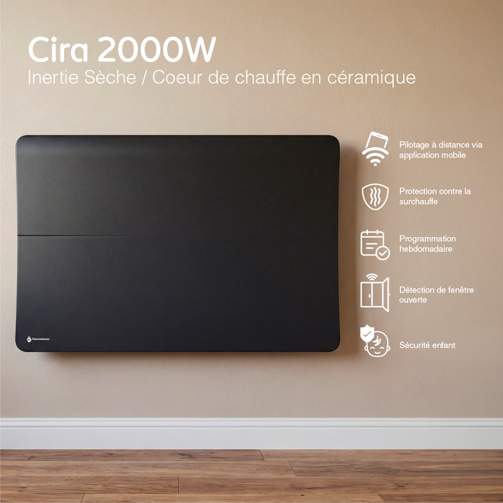 Radiador elétrico conectado de 2000 W com sistema duplo de aquecimento horizontal, preto, Cira