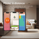 Aplicação ThermoCeram num smartphone: controlo do radiador à distância, regulação da temperatura e programação semanal