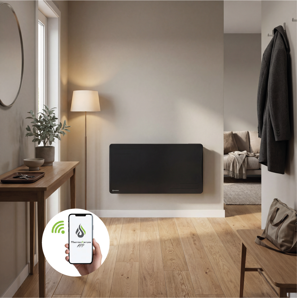 Radiateur électrique connecté 2000W à inertie sèche céramique horizontal Noir Alice - Thermoceram FR