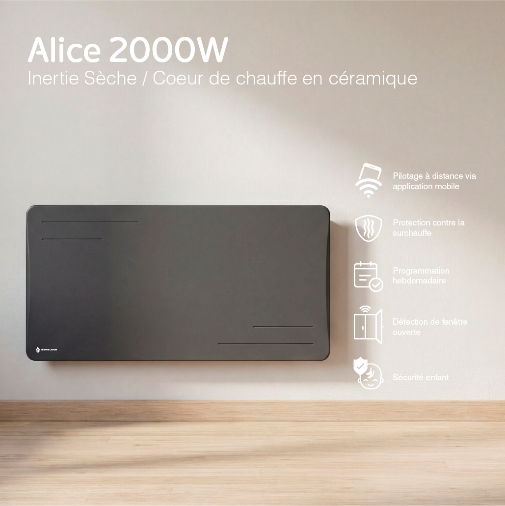 Radiateur électrique connecté 2000W à inertie sèche céramique horizontal Noir Alice - Thermoceram FR